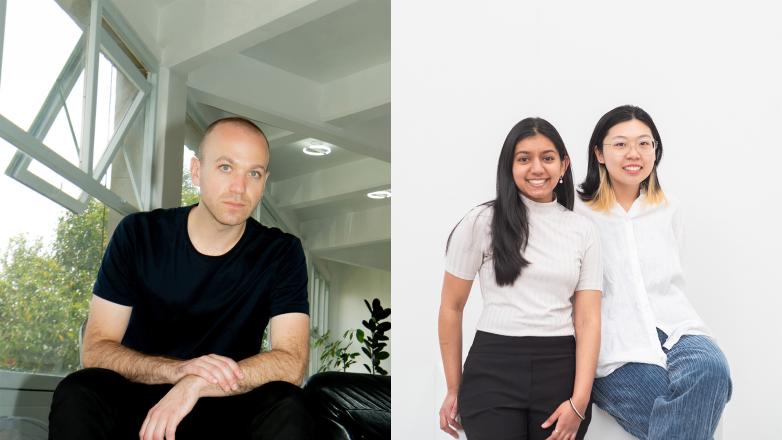 Left: a white man wears a black tshirt and black jeans. Right: Two young women wearing white tops lean on each other