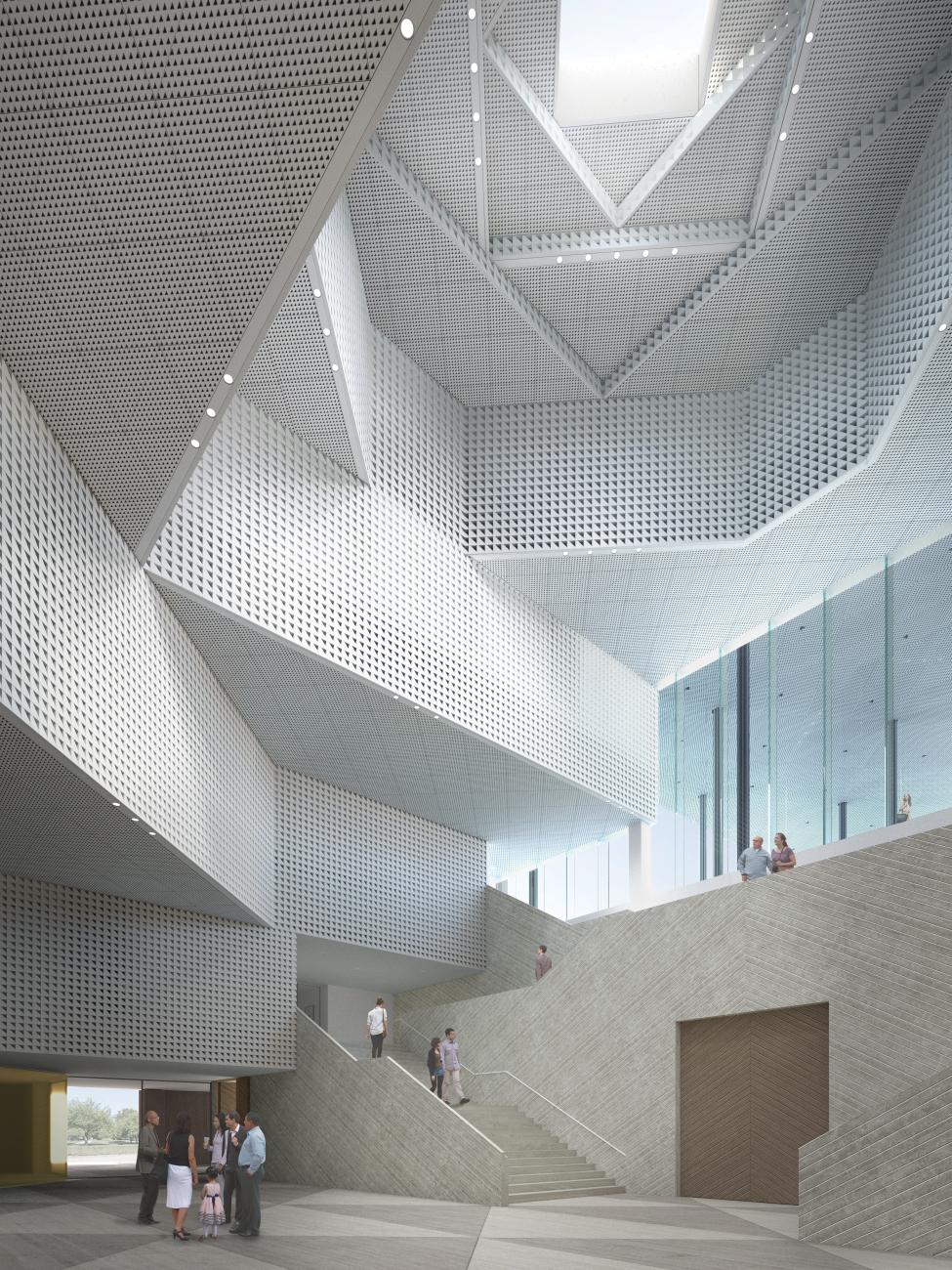 Large atrium with zigzagging floors and a skylight.