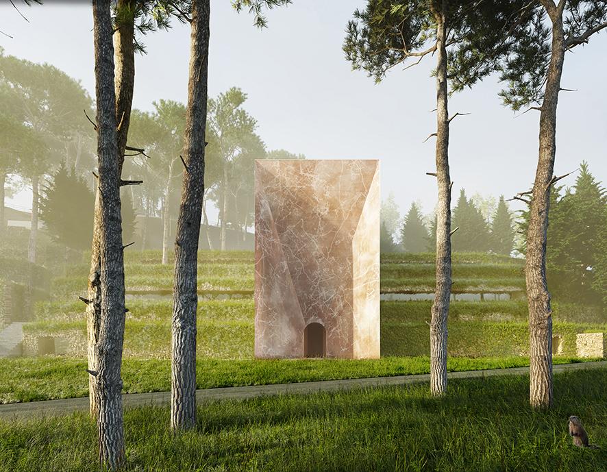 A monolithic building stands against a natural backdrop.