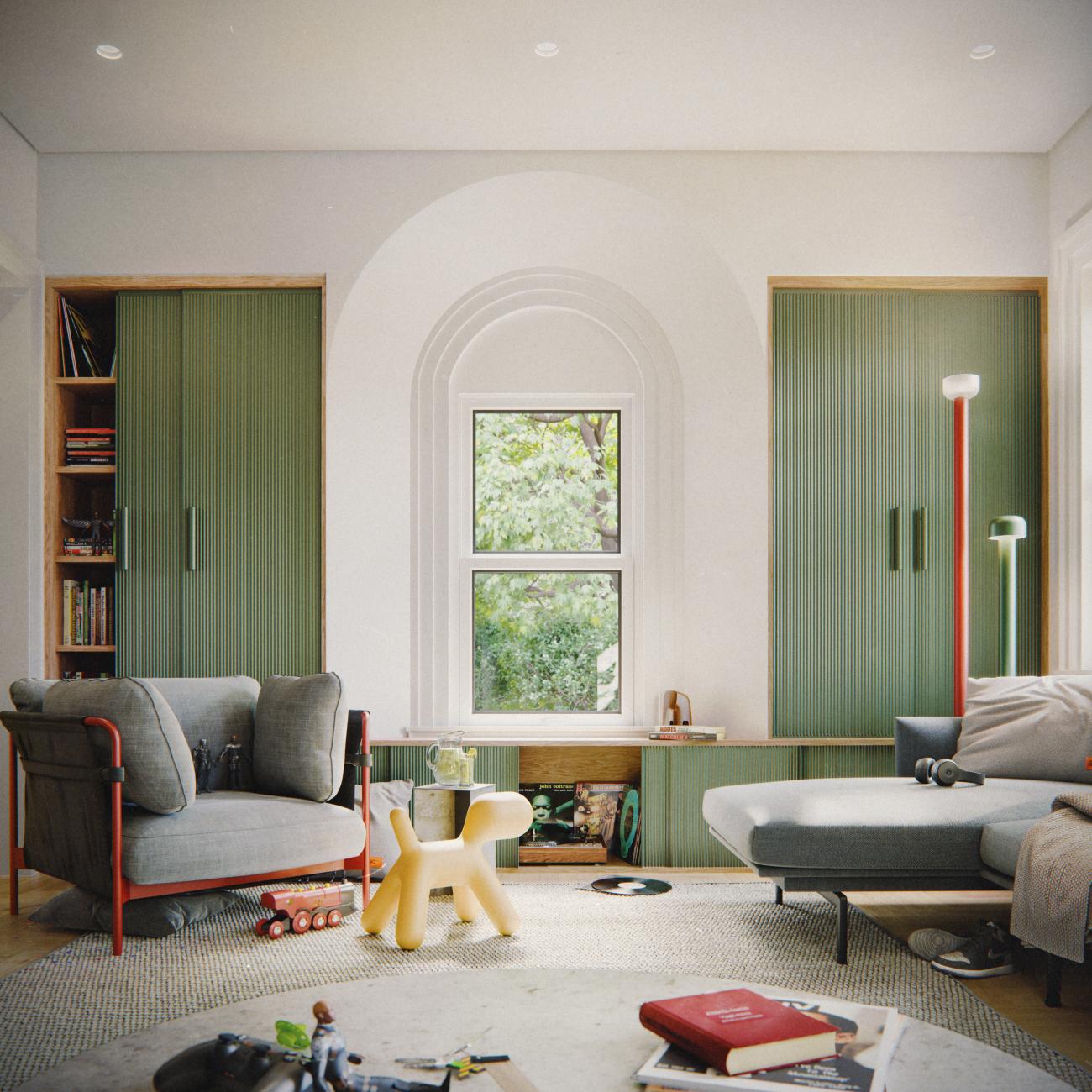 central window in arched frame flanked by green closets