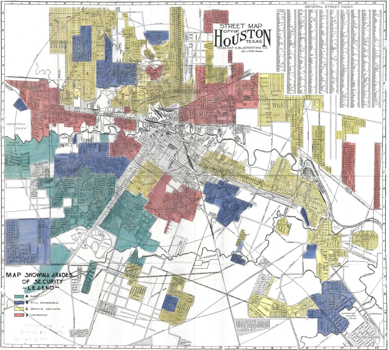 Map of red lining in Houston circa 1937. 