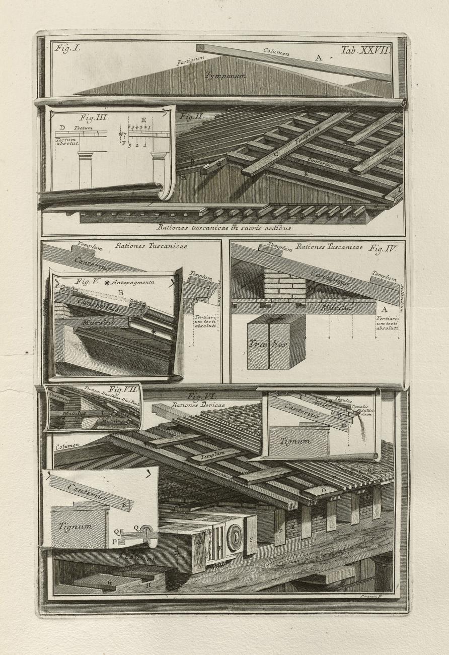 etching of Roman imbrex and tegula roof construction