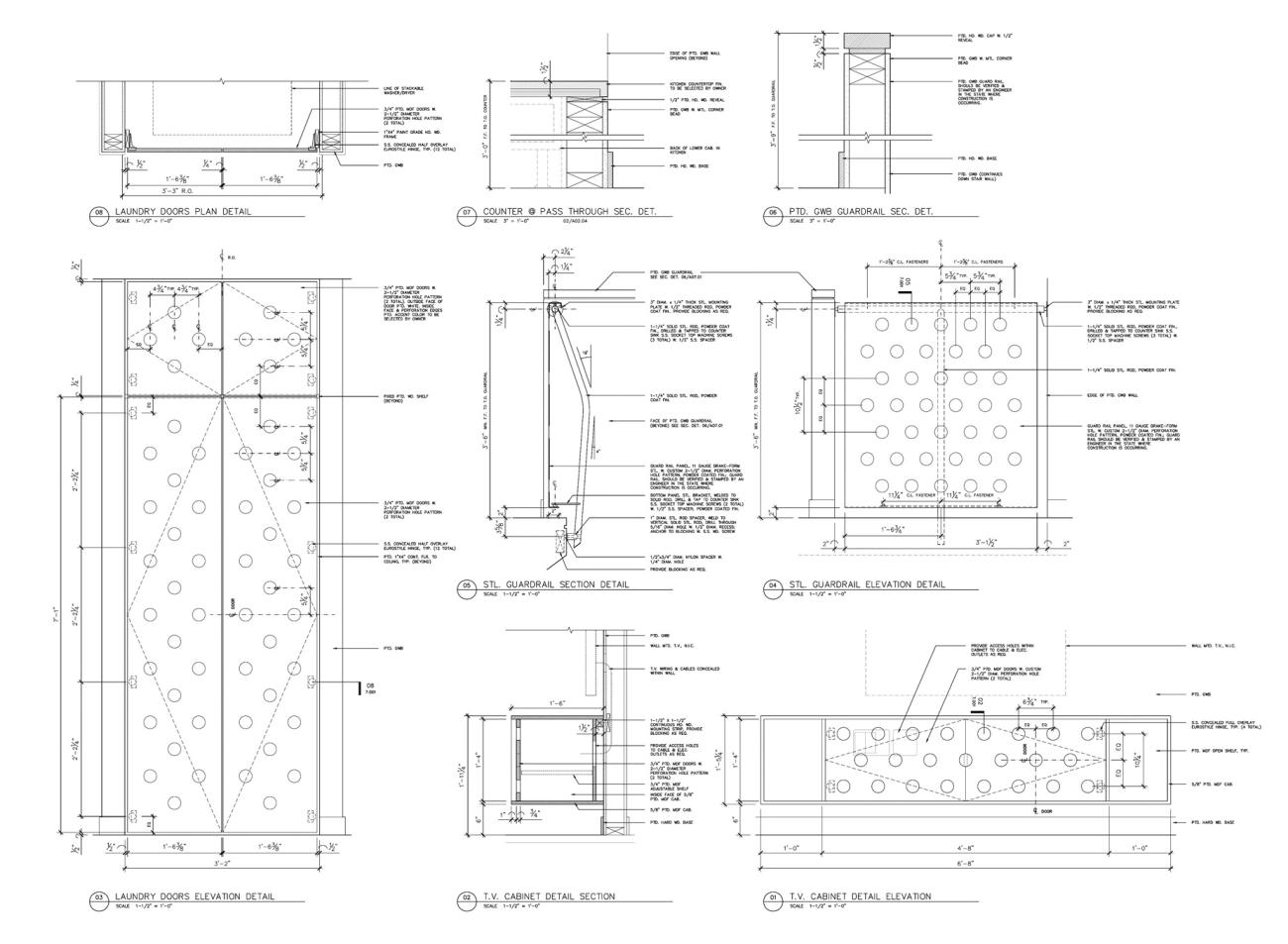 Details of custom brake-form perforated steel guard rail, doors, and wall-mounted millwork designed and fabricated by Interloop—Architecture