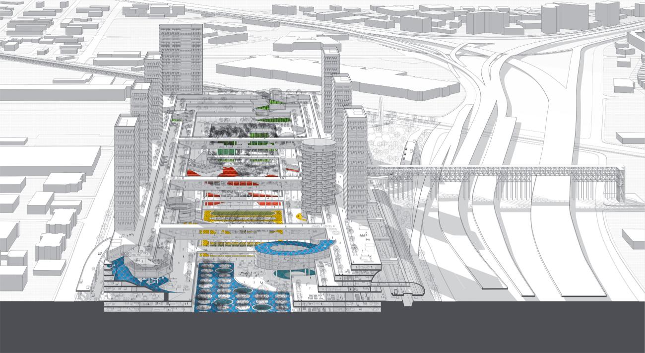 autonomous urban center combining civic, cultural, and commercial