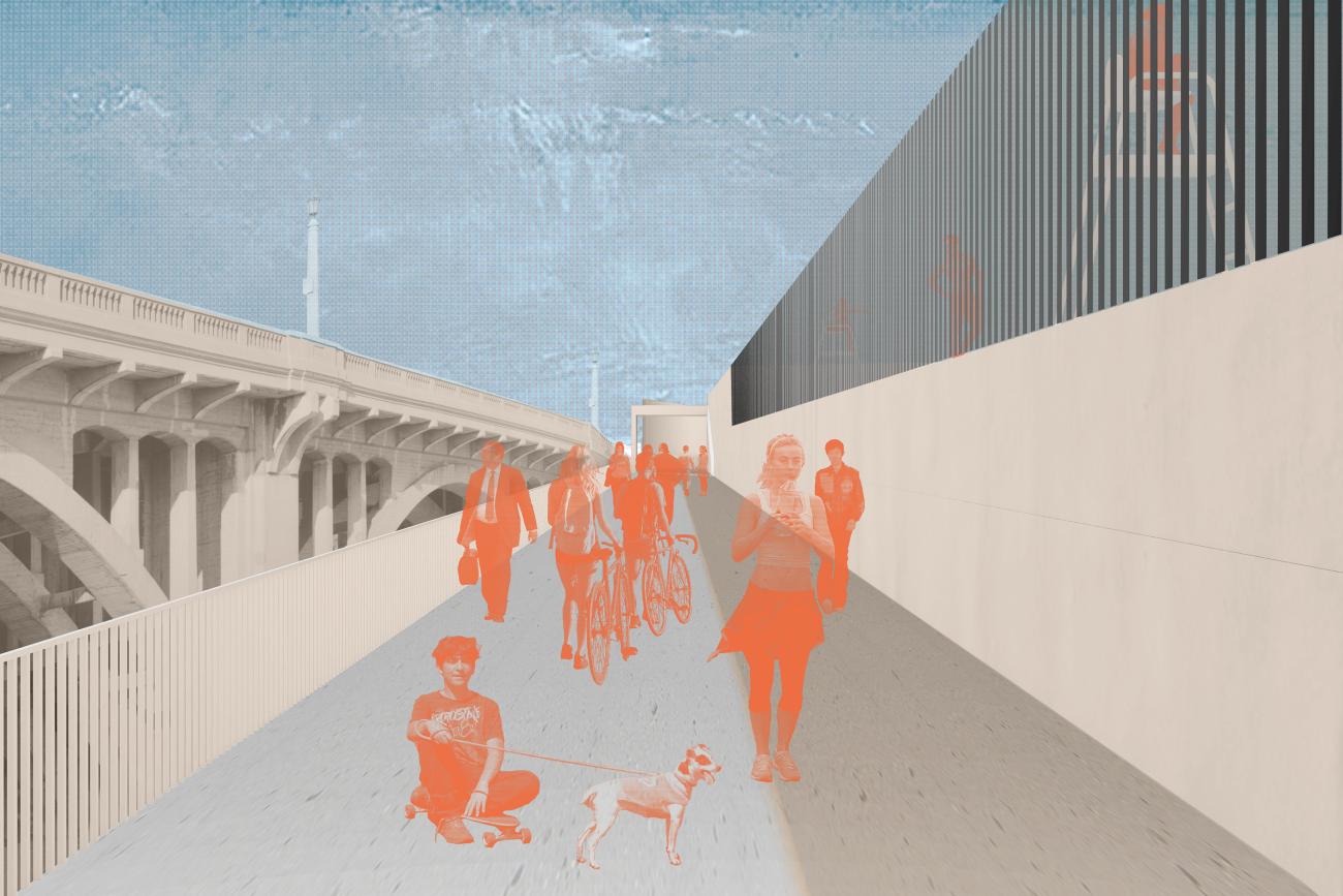 rendering of people of all ages walking and biking across bridge