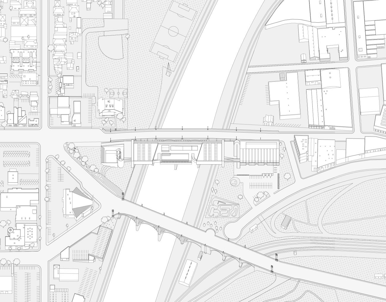 Thesis Hazinski: bridge with pools and parks image drawing